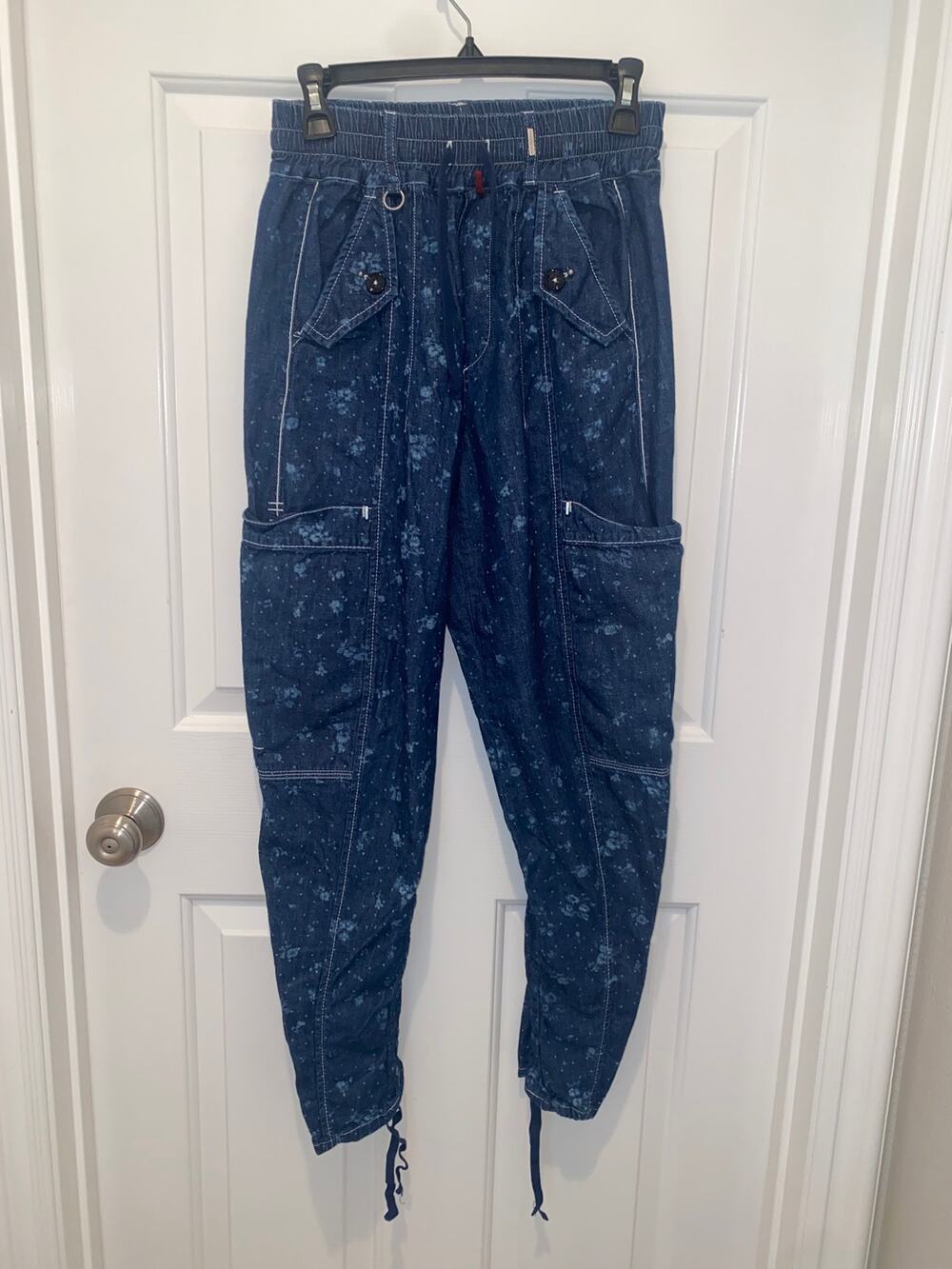 HIGH USE Everyday Couture Cargo Pants Ruched Tie Ankles Blue Elastic Waist US 4